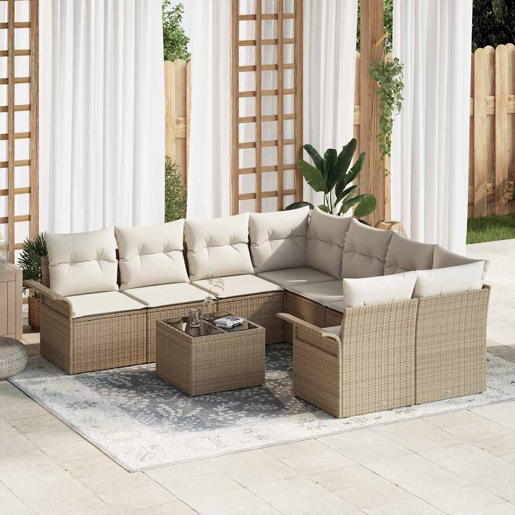 Gartensofa-set mit Kissen 9 pcs Beige und Creme Poly-Rattan