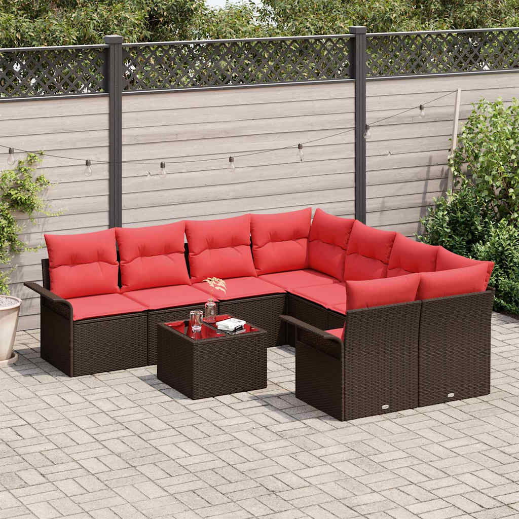 Gartensofa-set mit Kissen 9 pcs Beige und Rot Poly-Rattan