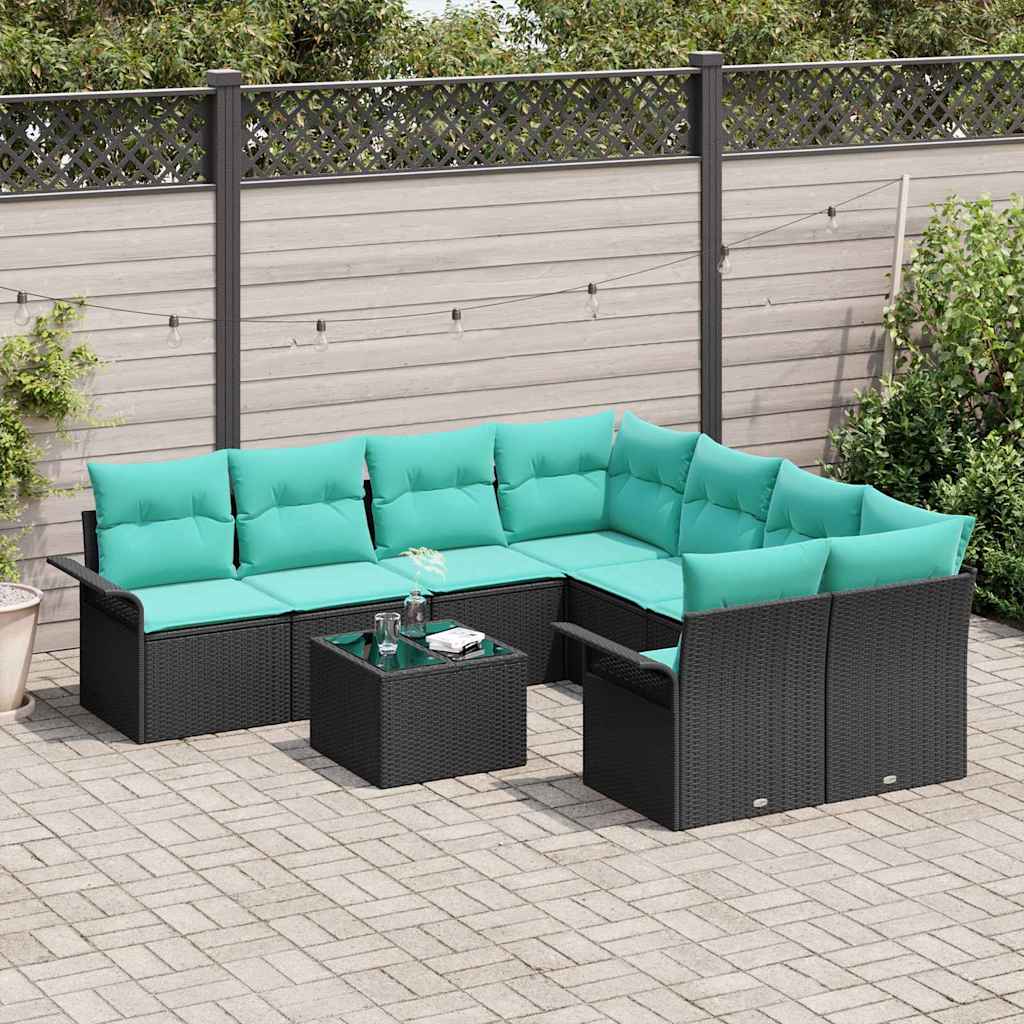 Gartensofa-set mit Kissen 9 pcs Schwarz und Türkis Poly-Rattan