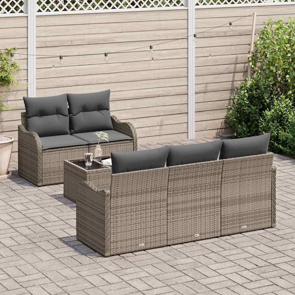 Garten-Sofa-Set 6 pcs Grau Poly-Rattan und Stahl und Glas