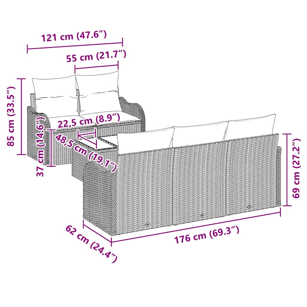 Garten-Sofa-Set 6 pcs Grau Poly-Rattan und Stahl und Glas