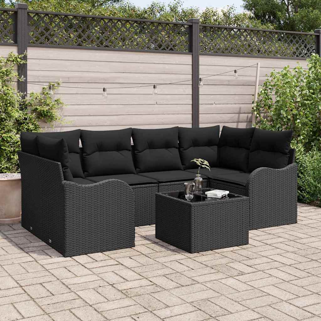 Garten-Sofa-Set 7 pcs Schwarz Poly-Rattan und Stahl und Glas