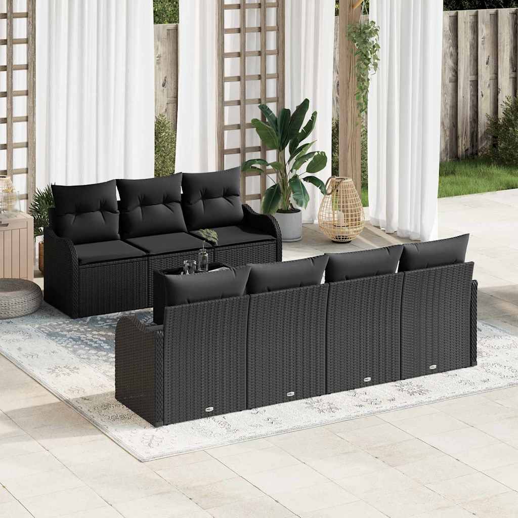 Gartensofa-set 8 pcs Schwarz Poly-Rattan und Stahl und Glas