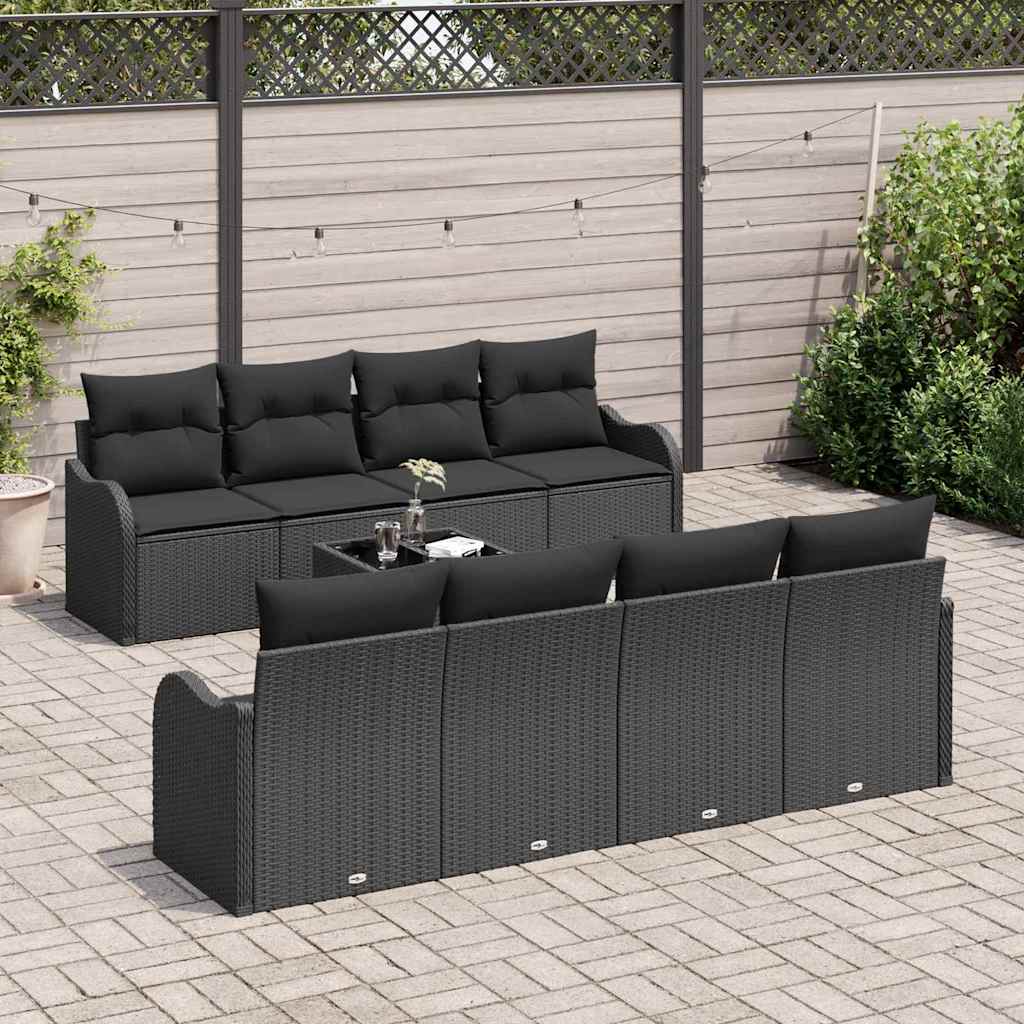 Gartensofa-set 9 pcs Schwarz Poly-Rattan und Stahl und Glas