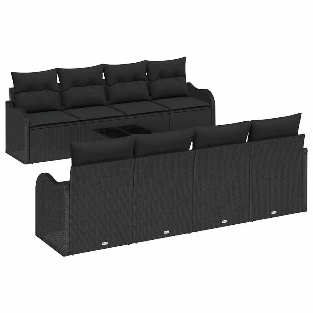 Gartensofa-set 9 pcs Schwarz Poly-Rattan und Stahl und Glas