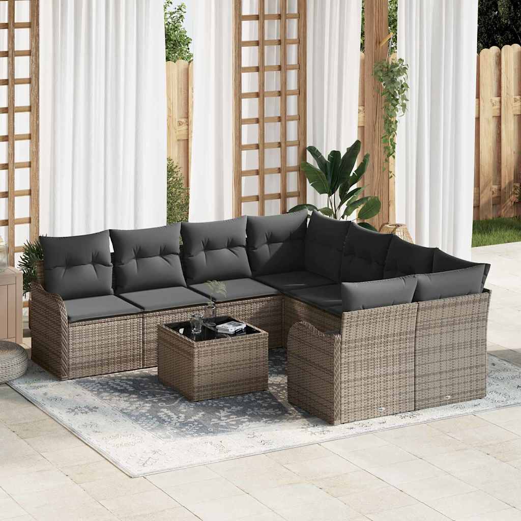 Gartensofa-set 9 pcs Grau Poly-Rattan und Stahl und Glas
