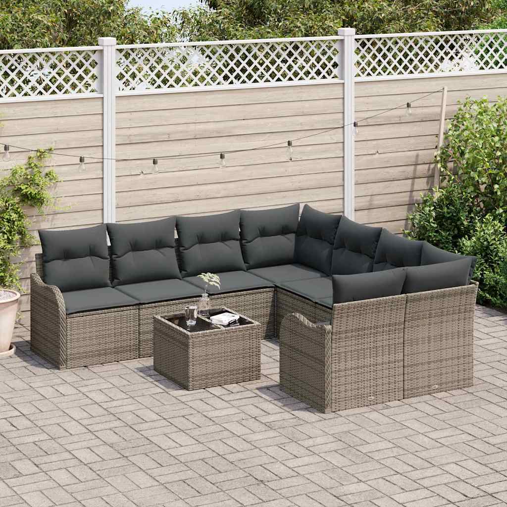 Gartensofa-set 9 pcs Grau Poly-Rattan und Stahl und Glas