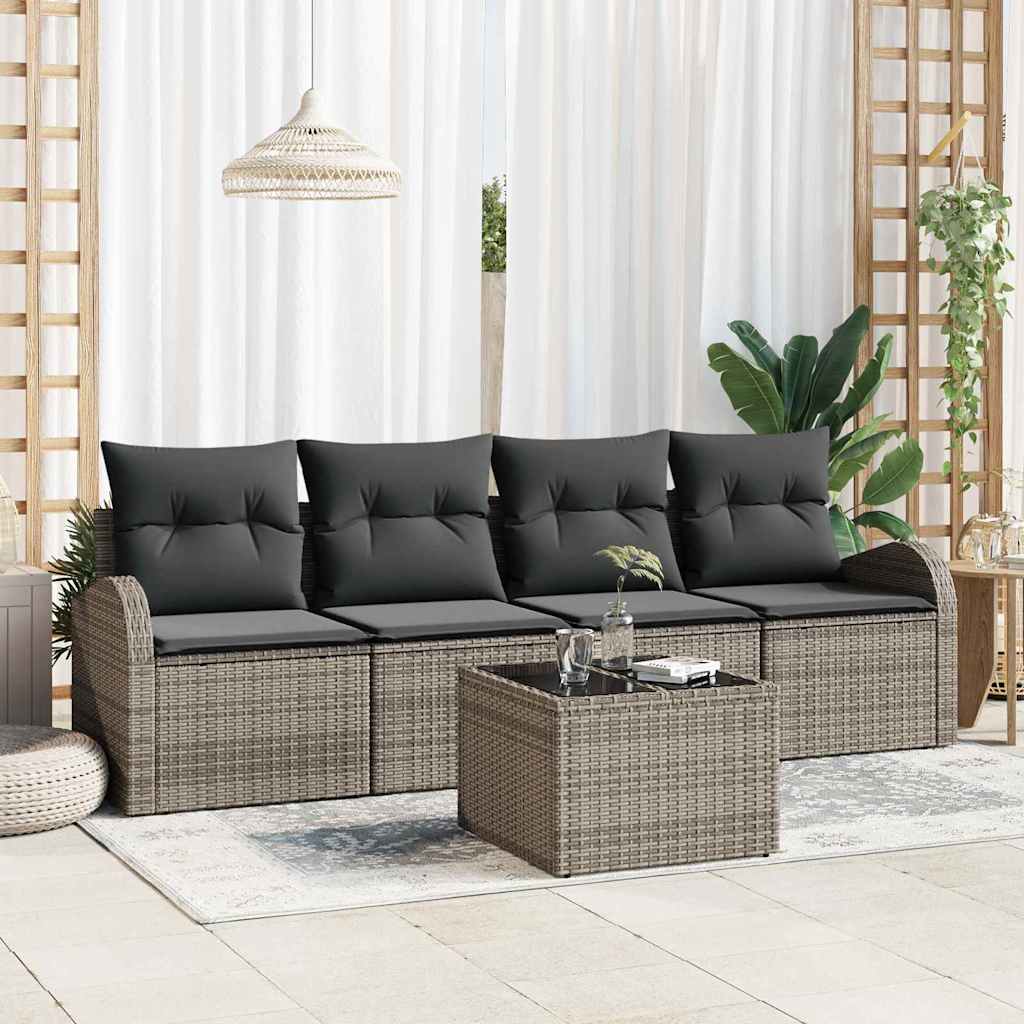 Gartensofa-set mit Speicher mit Kissen 5 pcs Grau Poly-Rattan