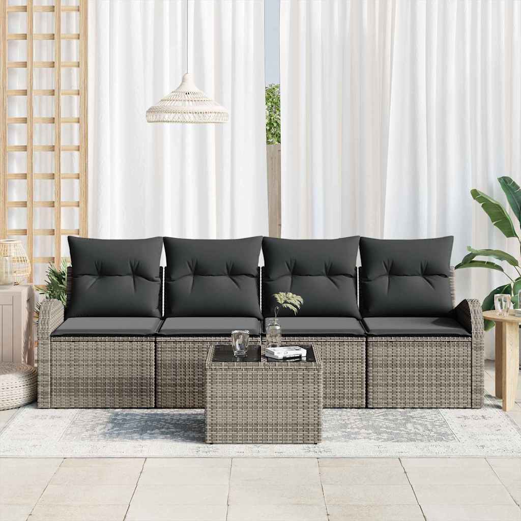 Gartensofa-set mit Speicher mit Kissen 5 pcs Grau Poly-Rattan