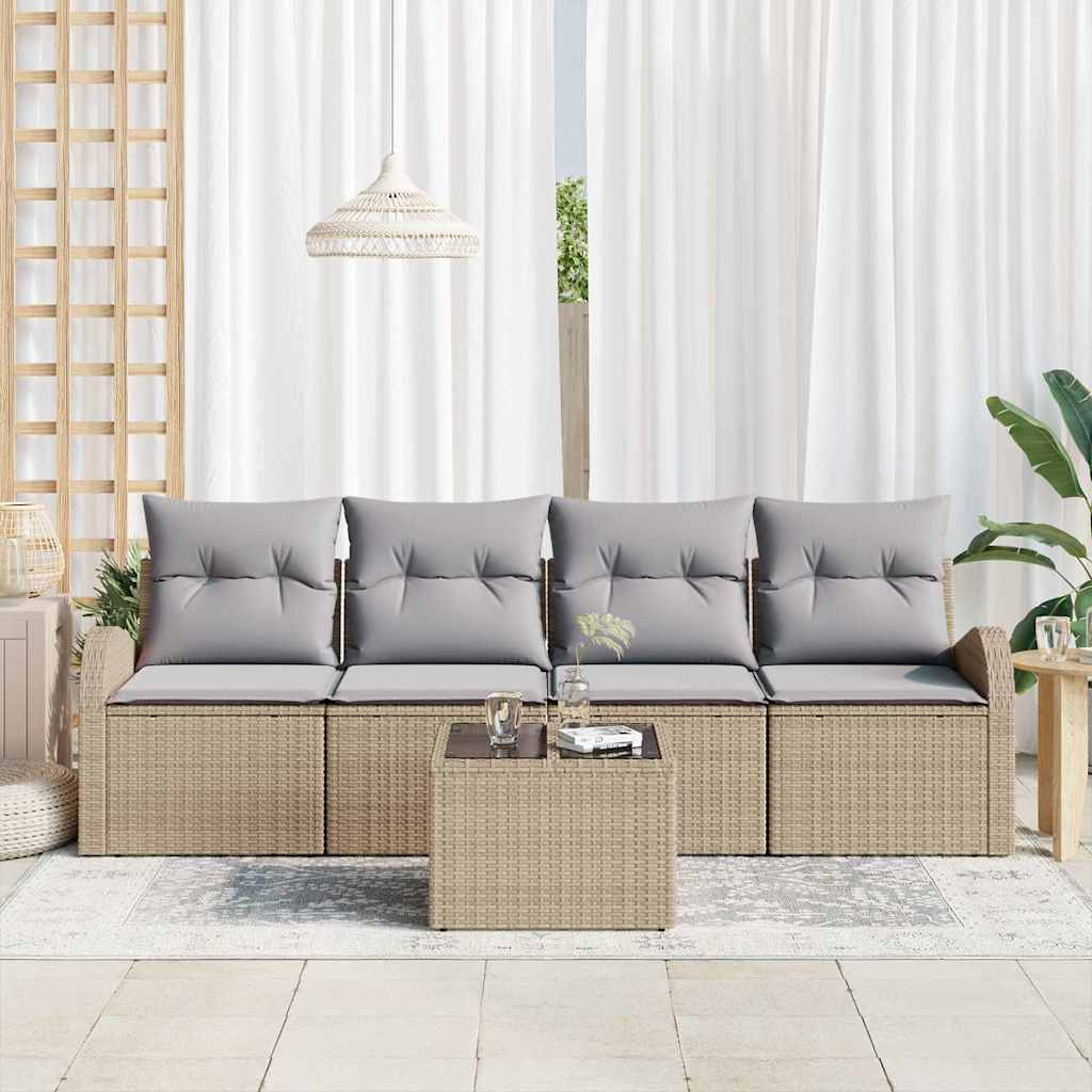 Gartensofa-set mit Speicher 5 pcs Beige und Grau Poly-Rattan