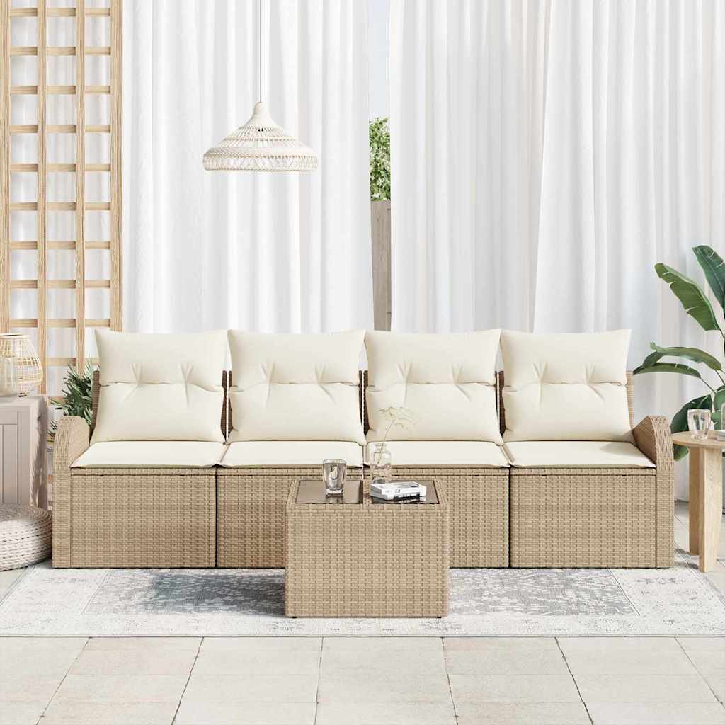 Gartensofa-set mit Speicher 5 pcs Beige und Creme Poly-Rattan