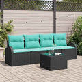 Gartensofa-set mit Kissen 5 pcs Schwarz und Türkis Poly-Rattan