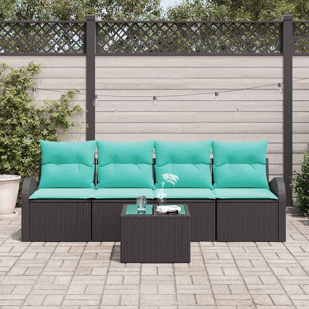 Gartensofa-set mit Kissen 5 pcs Schwarz und Türkis Poly-Rattan