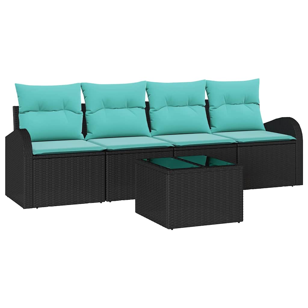 Gartensofa-set mit Kissen 5 pcs Schwarz und Türkis Poly-Rattan