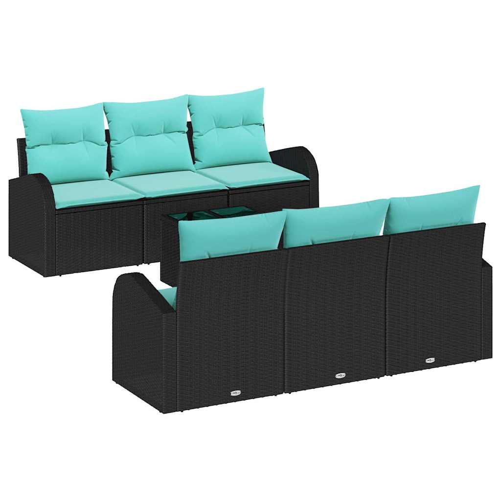 Gartensofa-set mit Kissen 7 pcs Schwarz und Türkis Poly-Rattan