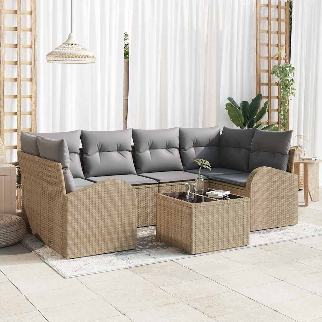 Gartensofa-set mit Speicher 7 pcs Beige und Grau Poly-Rattan