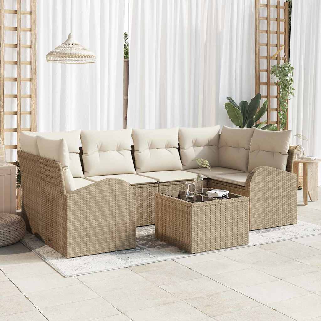 Gartensofa-set mit Speicher 7 pcs Beige und Creme Poly-Rattan