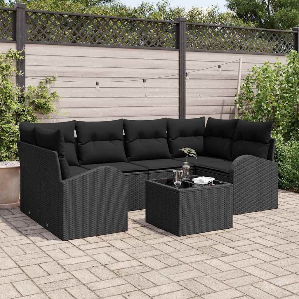 Gartensofa-set mit Speicher 7 pcs Schwarz Poly-Rattan