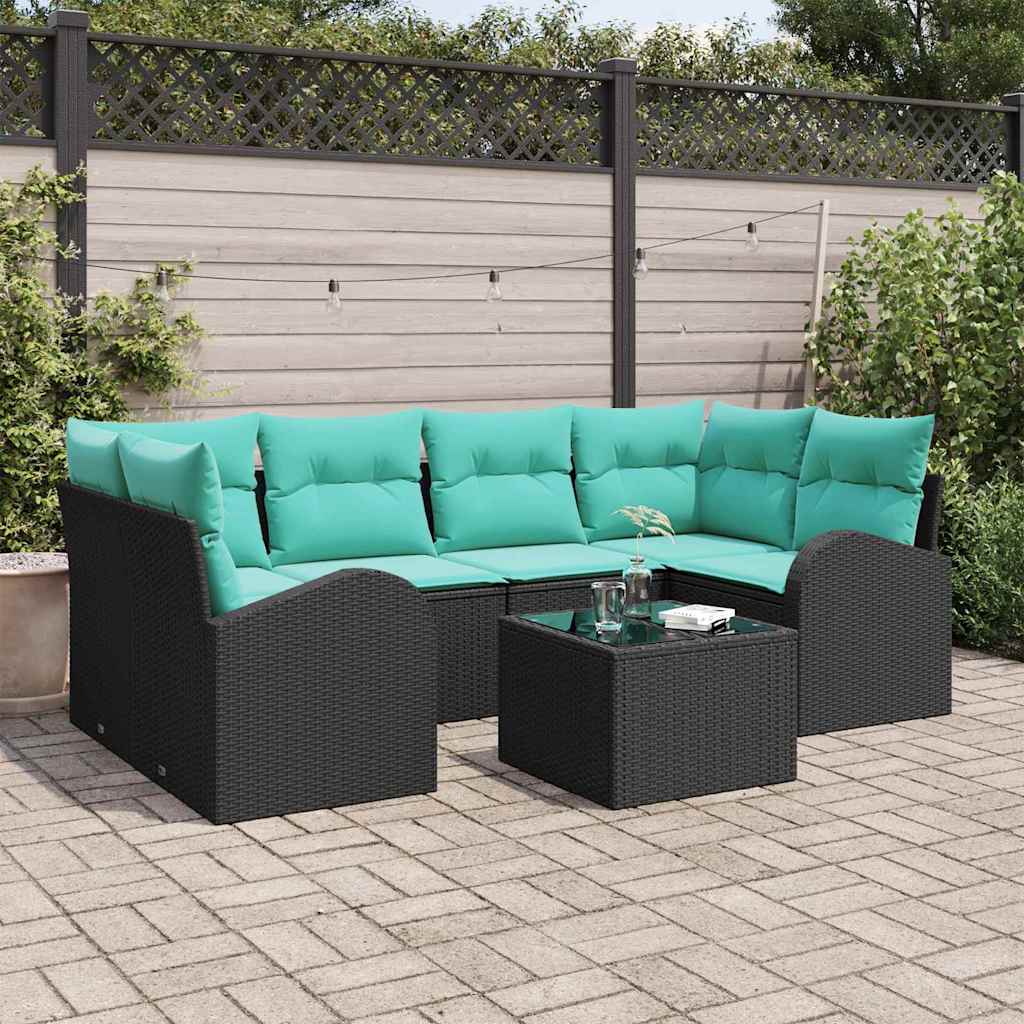 Gartensofa-set mit Kissen 7 pcs Schwarz und Türkis Poly-Rattan
