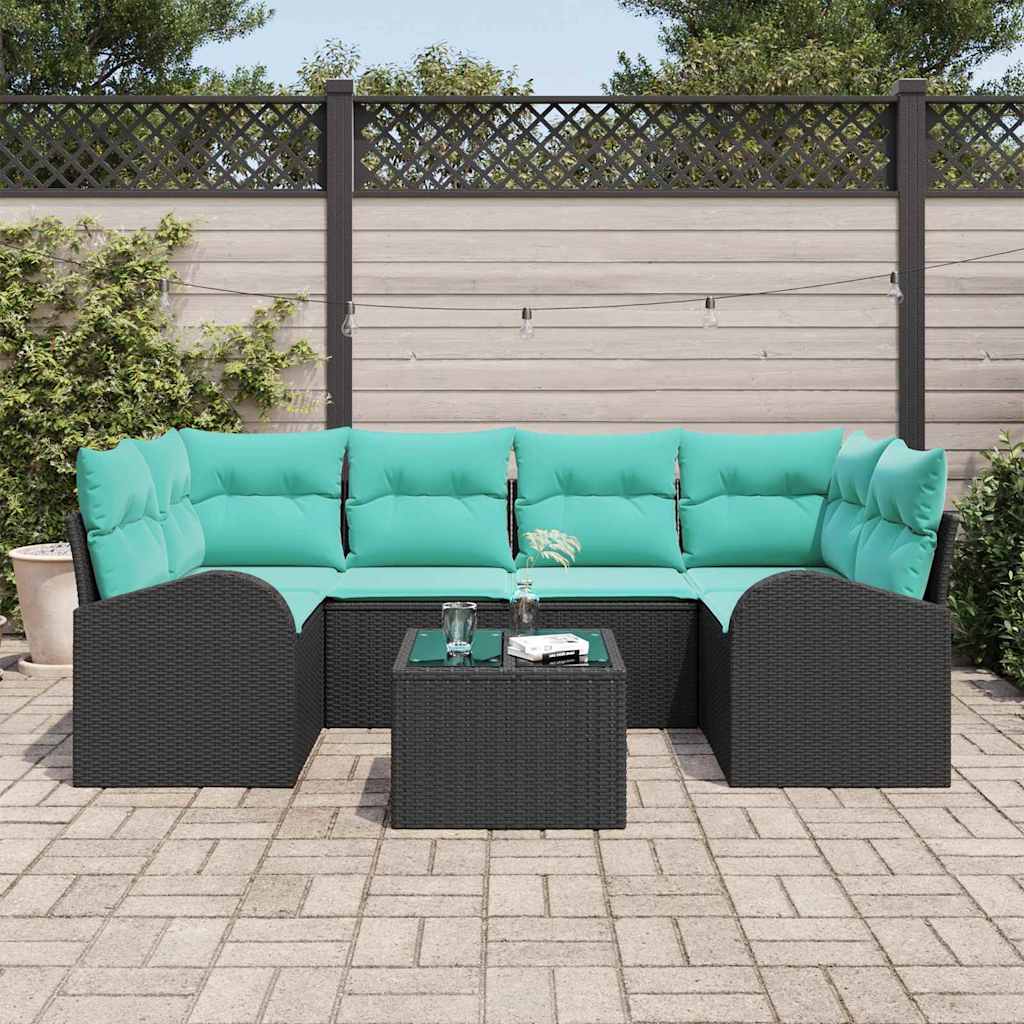 Gartensofa-set mit Kissen 7 pcs Schwarz und Türkis Poly-Rattan