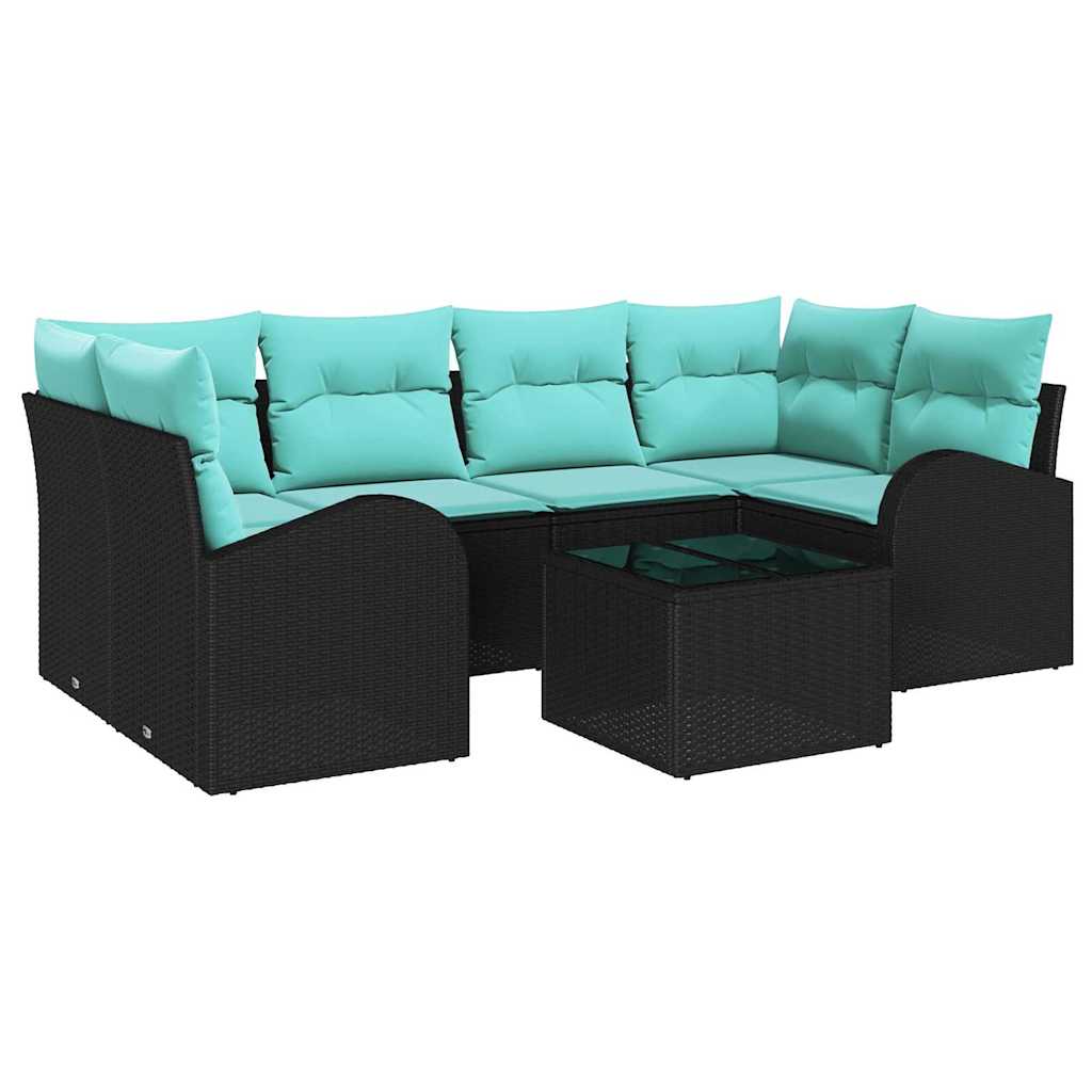 Gartensofa-set mit Kissen 7 pcs Schwarz und Türkis Poly-Rattan