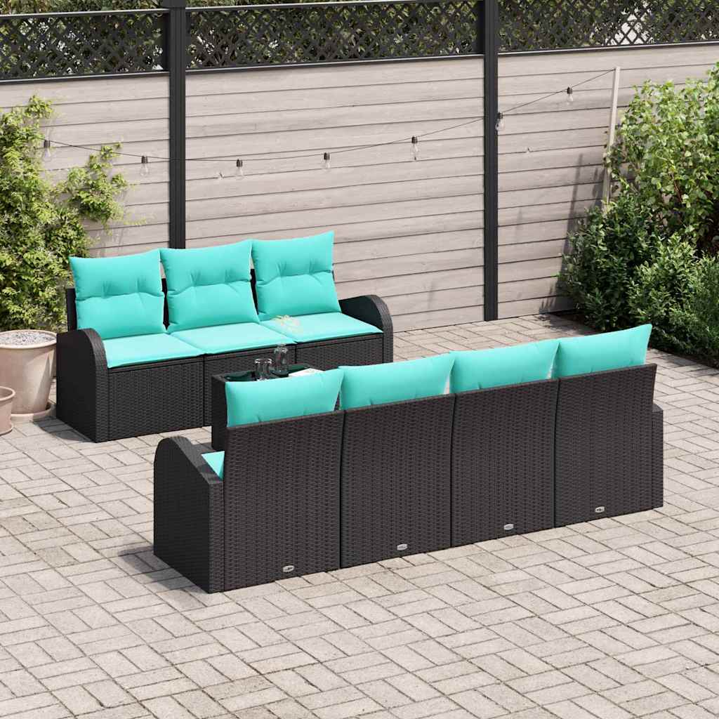 Gartensofa-set mit Kissen 8 pcs Schwarz und Türkis Poly-Rattan