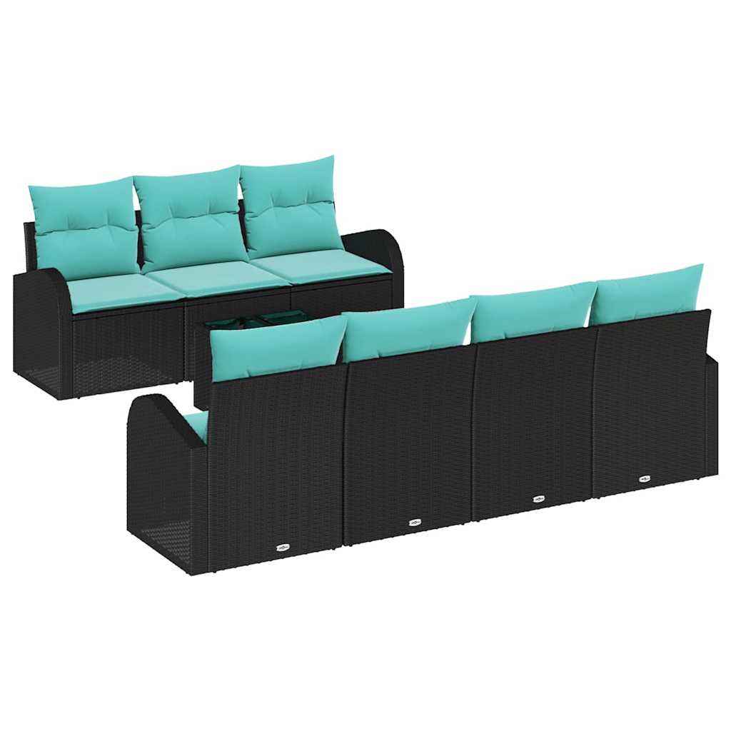 Gartensofa-set mit Kissen 8 pcs Schwarz und Türkis Poly-Rattan