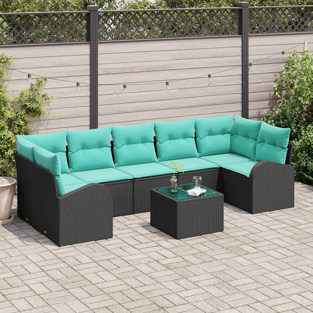 Gartensofa-set mit Kissen 8 pcs Schwarz und Türkis Poly-Rattan