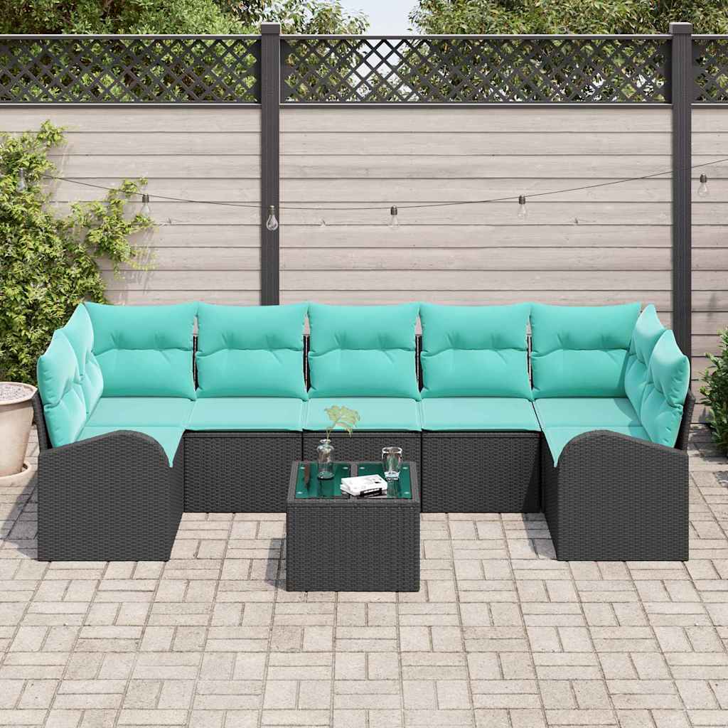 Gartensofa-set mit Kissen 8 pcs Schwarz und Türkis Poly-Rattan