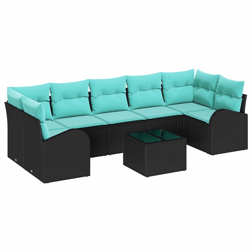 Gartensofa-set mit Kissen 8 pcs Schwarz und Türkis Poly-Rattan
