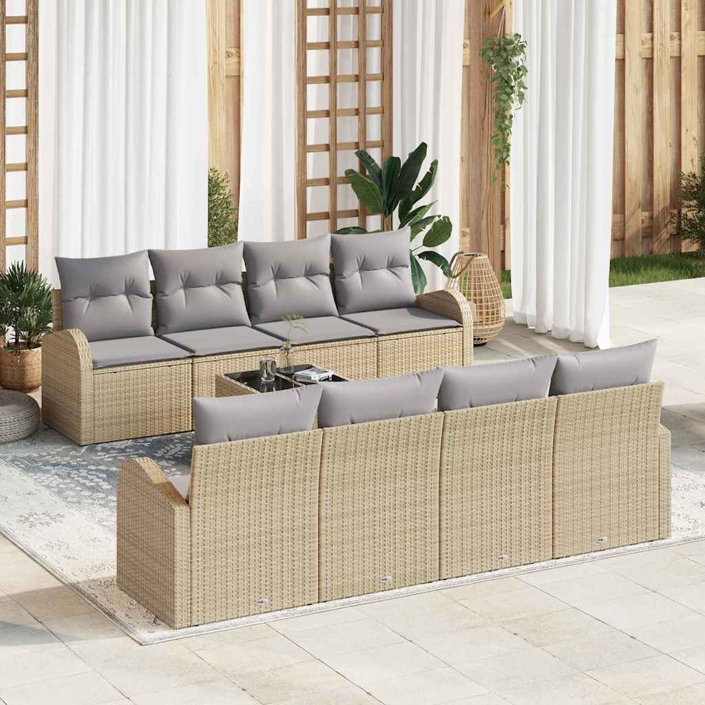 Gartensofa-set mit Speicher 9 pcs Beige und Grau Poly-Rattan