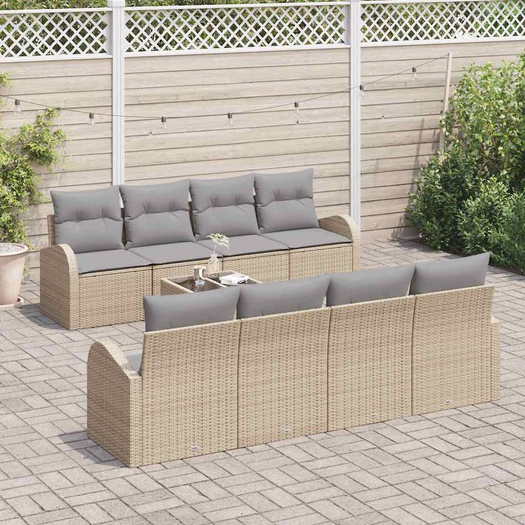 Gartensofa-set mit Speicher 9 pcs Beige und Grau Poly-Rattan