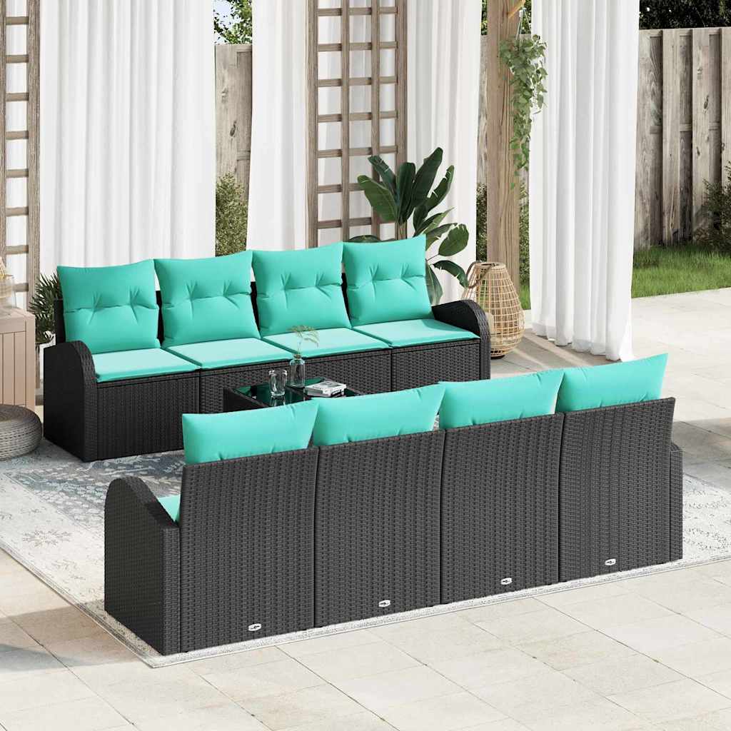 Sofa Set mit Kissen 9 pcs Schwarz und Türkis Poly-Rattan