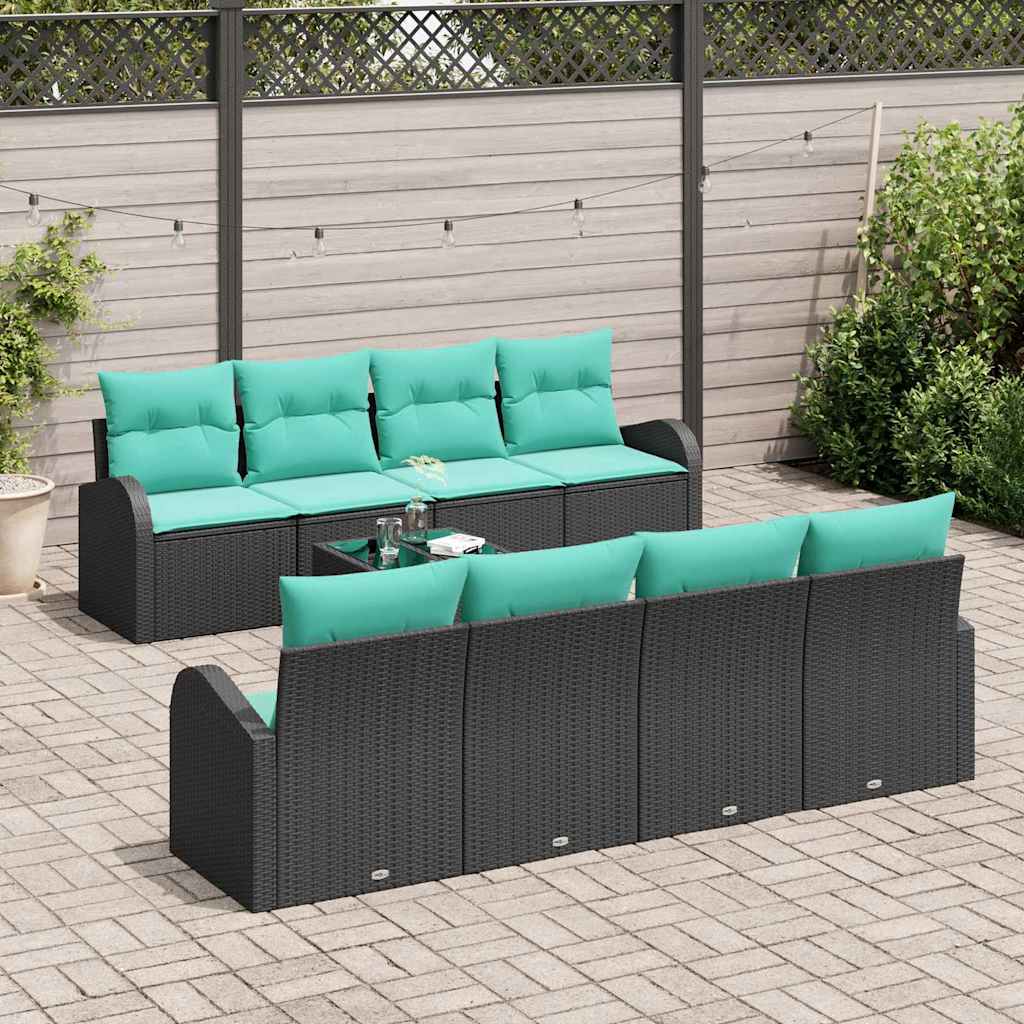 Sofa Set mit Kissen 9 pcs Schwarz und Türkis Poly-Rattan