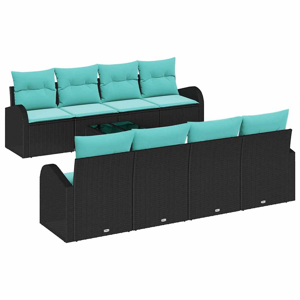 Sofa Set mit Kissen 9 pcs Schwarz und Türkis Poly-Rattan