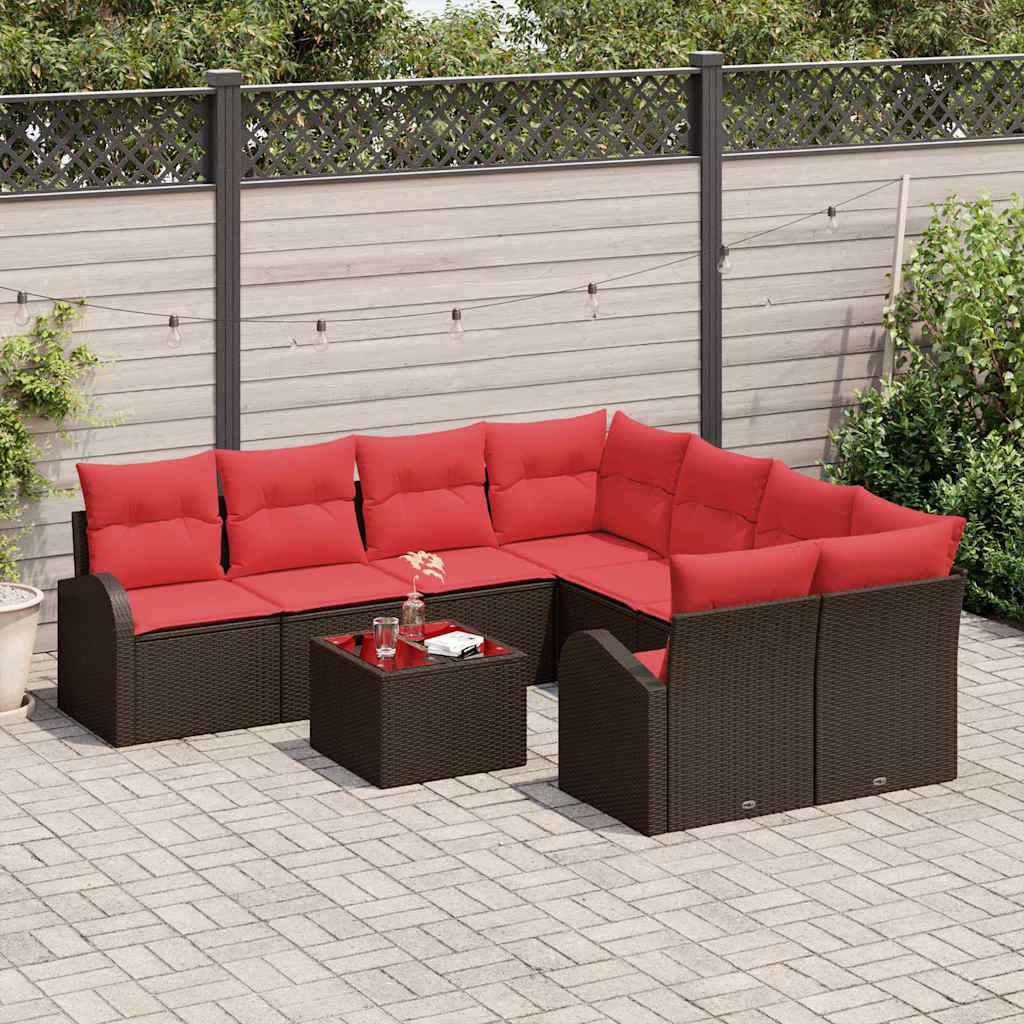 Sofa Set mit Kissen 9 pcs Beige und Rot Poly-Rattan