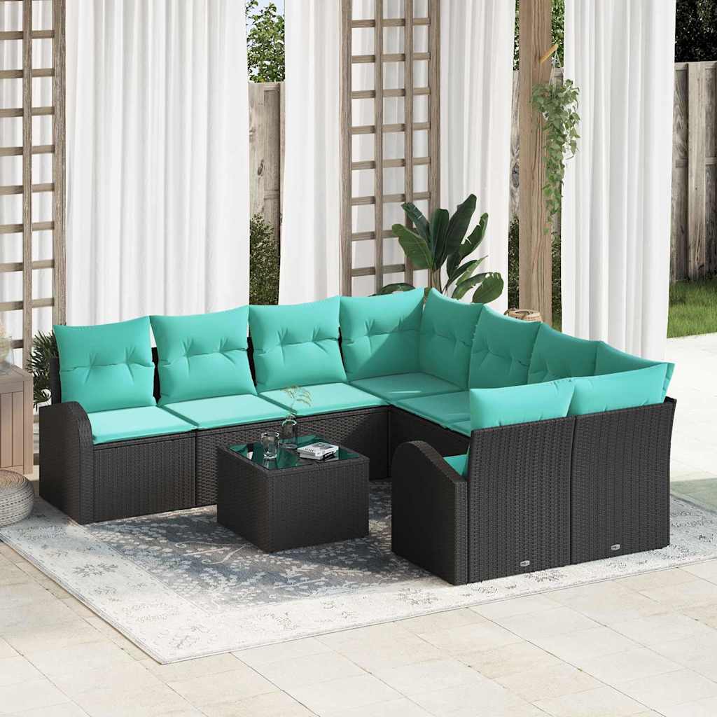 Sofa Set mit Kissen 9 pcs Schwarz und Türkis Poly-Rattan