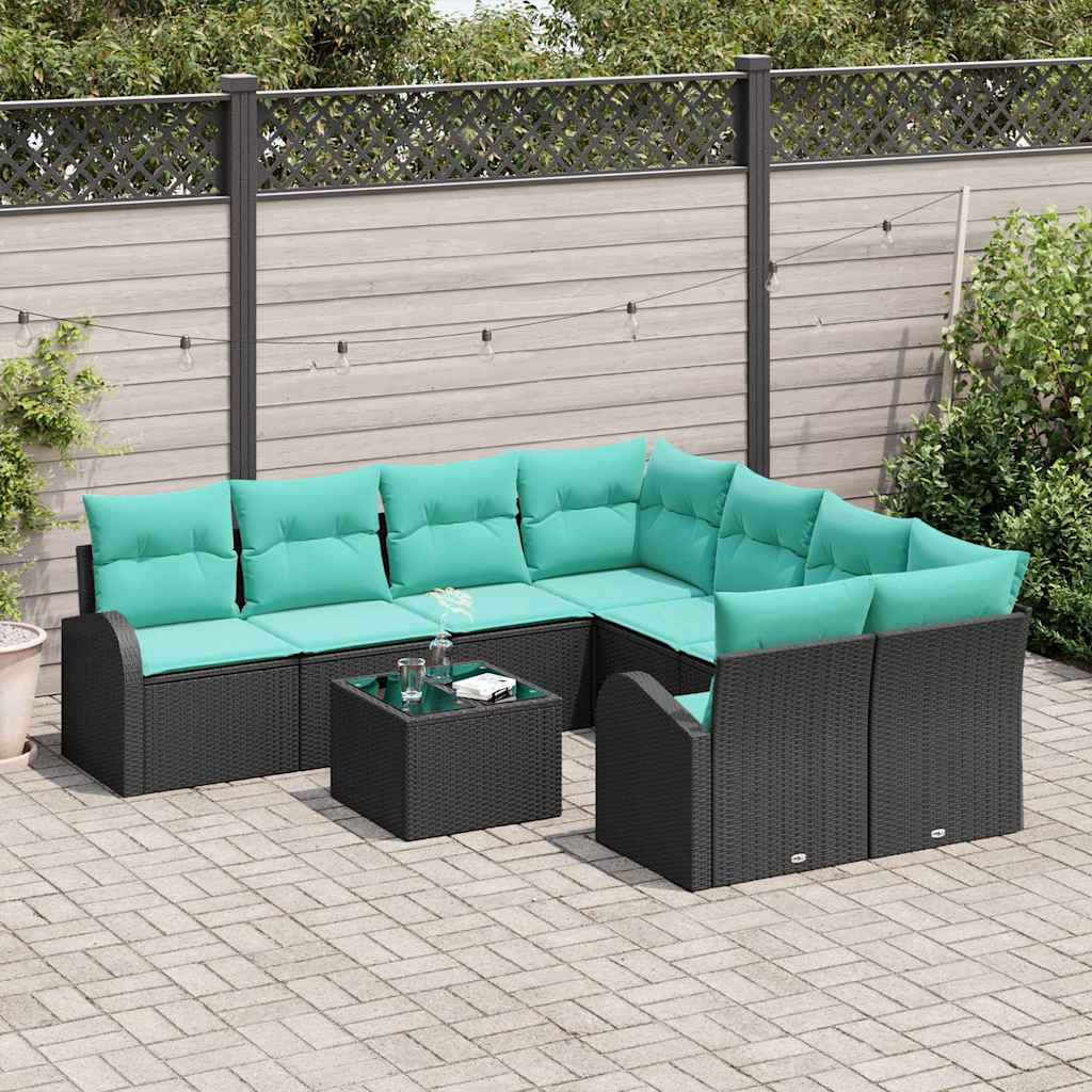 Sofa Set mit Kissen 9 pcs Schwarz und Türkis Poly-Rattan