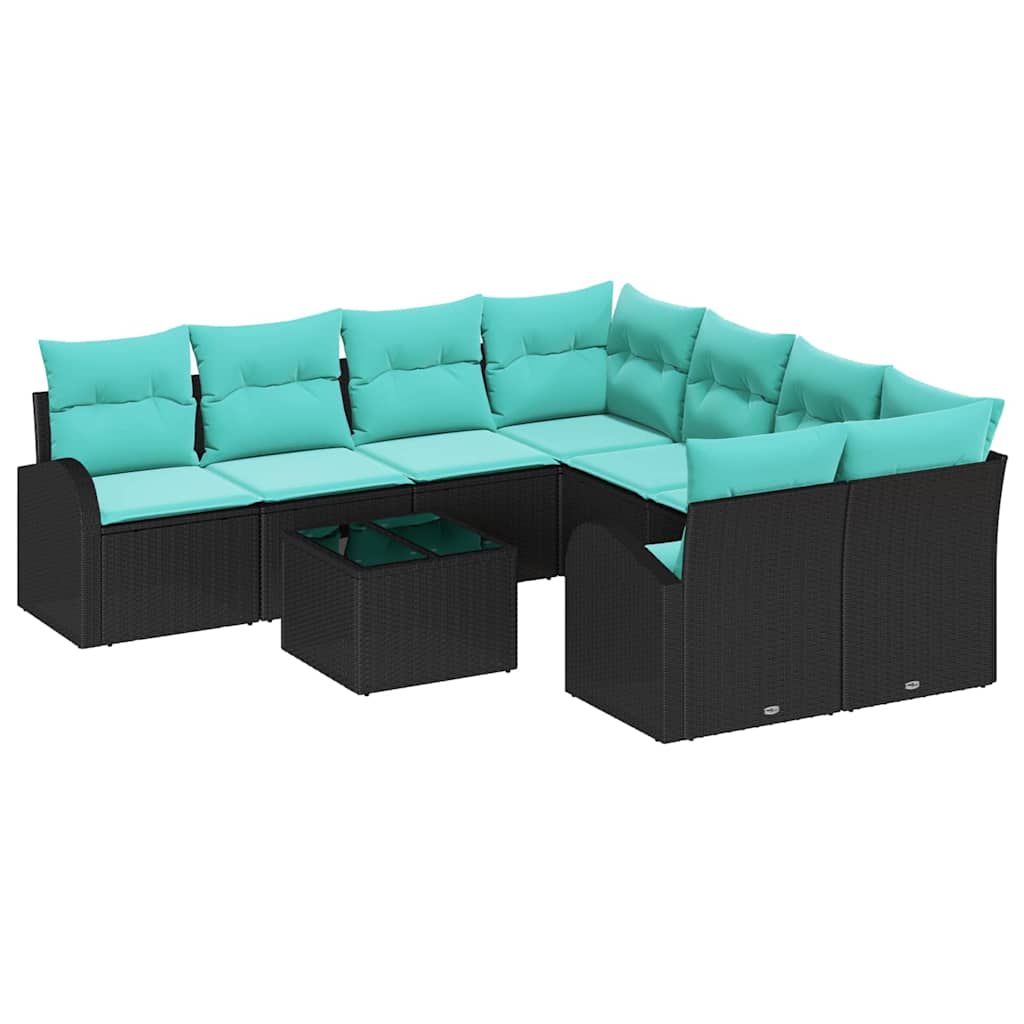 Sofa Set mit Kissen 9 pcs Schwarz und Türkis Poly-Rattan