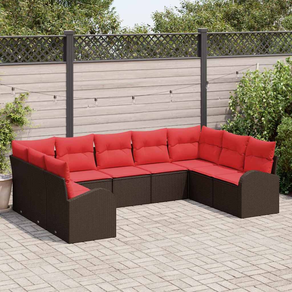 Gartensofa-set mit Kissen 9 pcs Braun und Rot Poly-Rattan