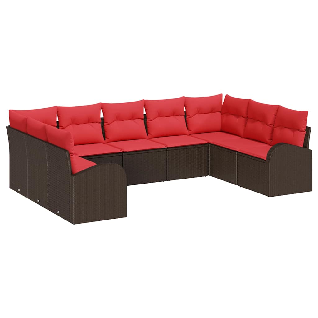 Gartensofa-set mit Kissen 9 pcs Braun und Rot Poly-Rattan