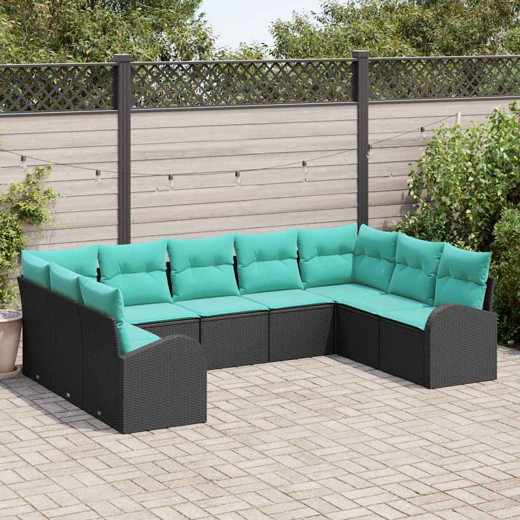 Gartensofa-set mit Kissen 9 pcs Schwarz und Türkis Poly-Rattan