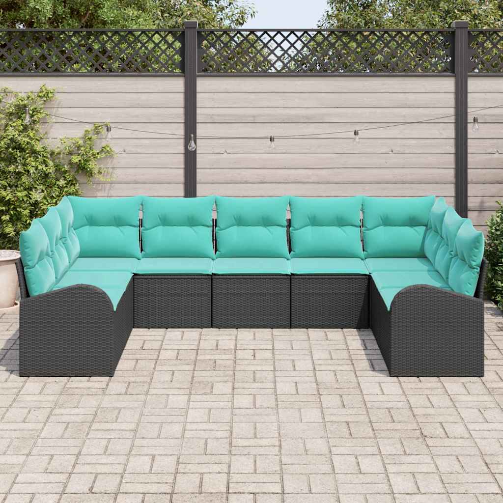 Gartensofa-set mit Kissen 9 pcs Schwarz und Türkis Poly-Rattan