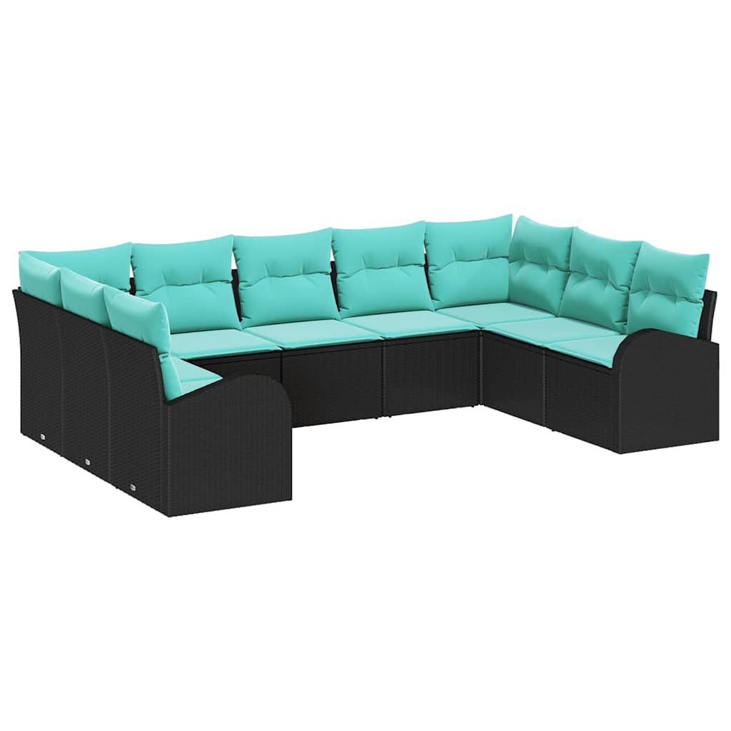 Gartensofa-set mit Kissen 9 pcs Schwarz und Türkis Poly-Rattan