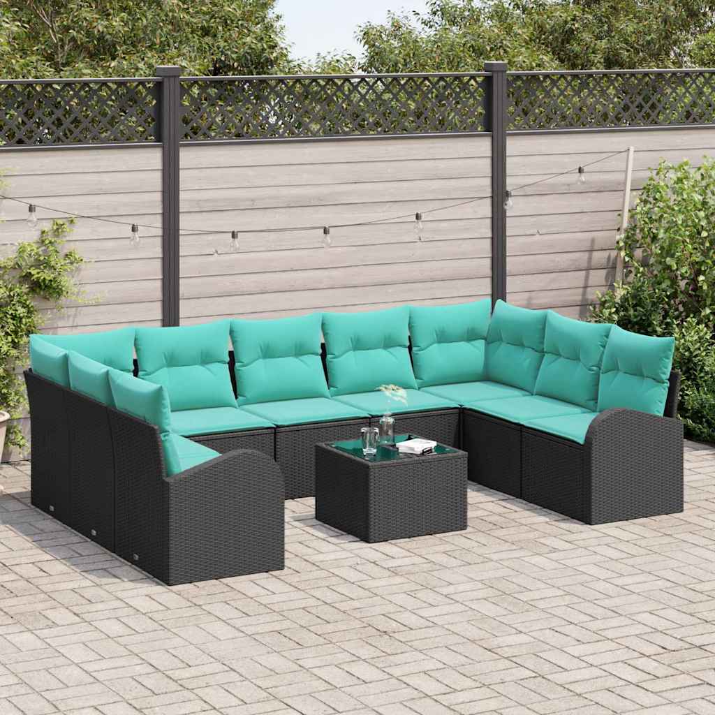 Gartensofa-set mit Kissen 10 pcs Schwarz und Türkis Poly-Rattan