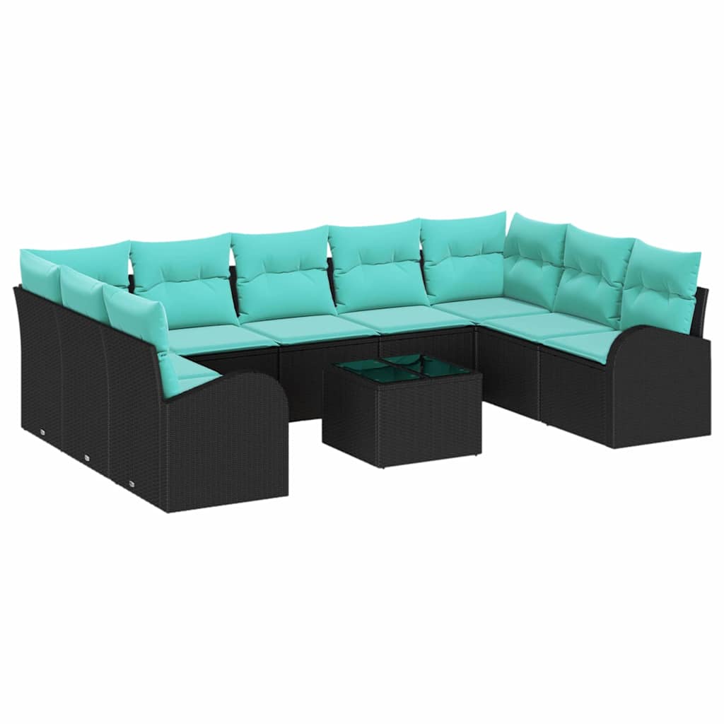Gartensofa-set mit Kissen 10 pcs Schwarz und Türkis Poly-Rattan