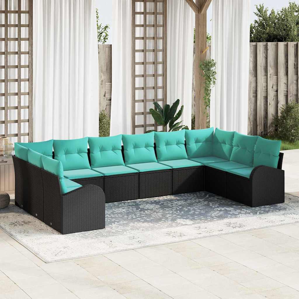 Gartensofa-set mit Kissen 10 pcs Schwarz und Türkis Poly-Rattan