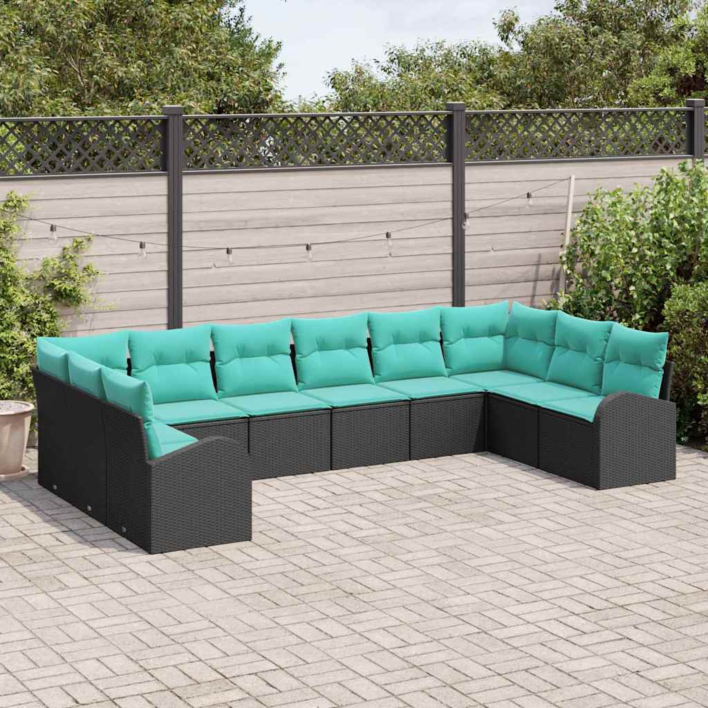 Gartensofa-set mit Kissen 10 pcs Schwarz und Türkis Poly-Rattan
