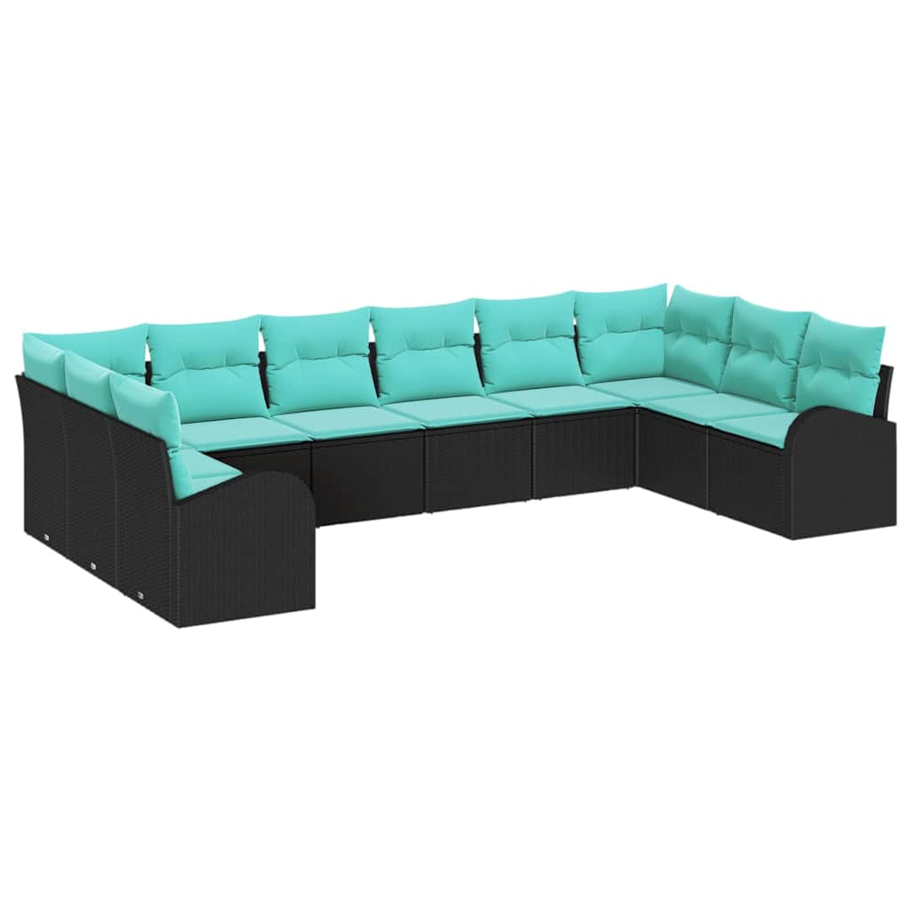 Gartensofa-set mit Kissen 10 pcs Schwarz und Türkis Poly-Rattan