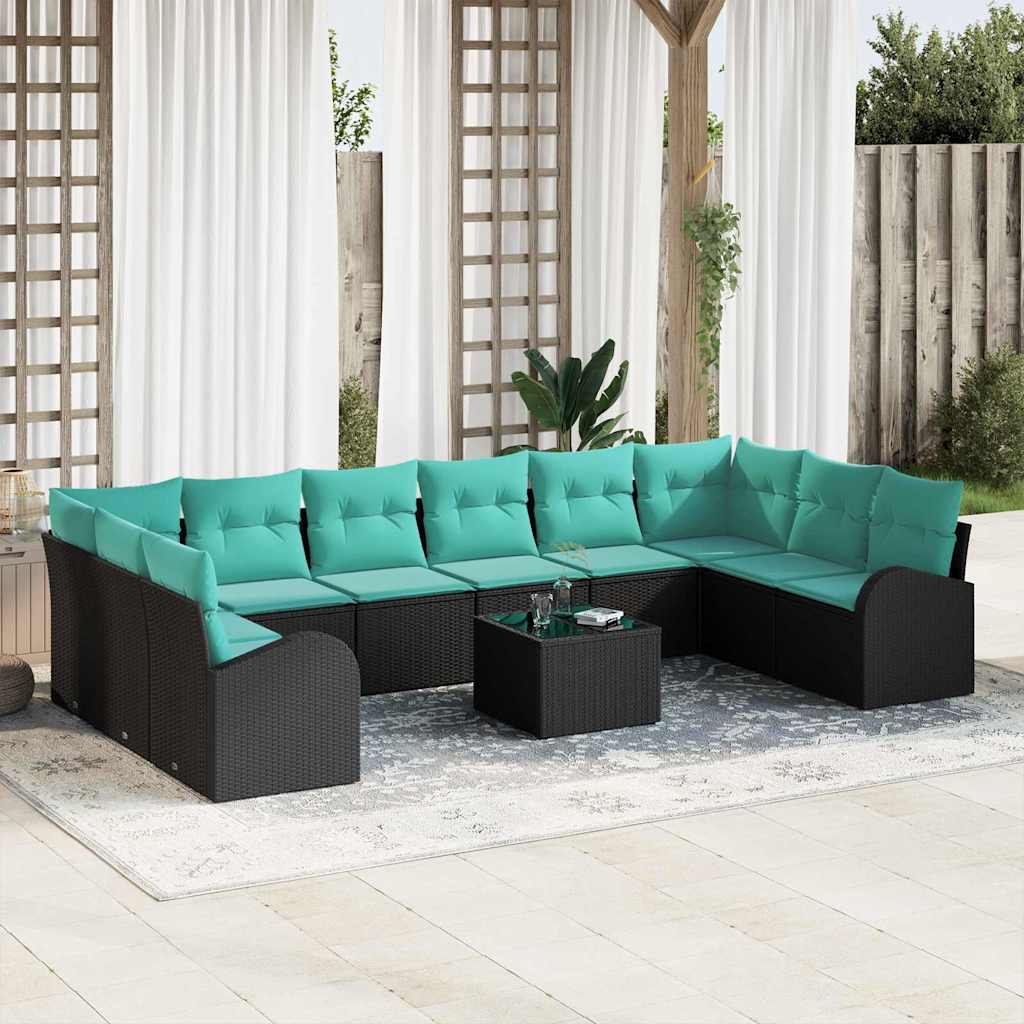 Gartensofa-set mit Kissen 11 pcs Schwarz und Türkis Poly-Rattan